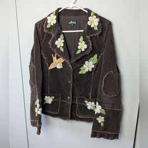 LADY DUTCH High Society Women Size L Corduroy Blazer Flower Bird Embroidery